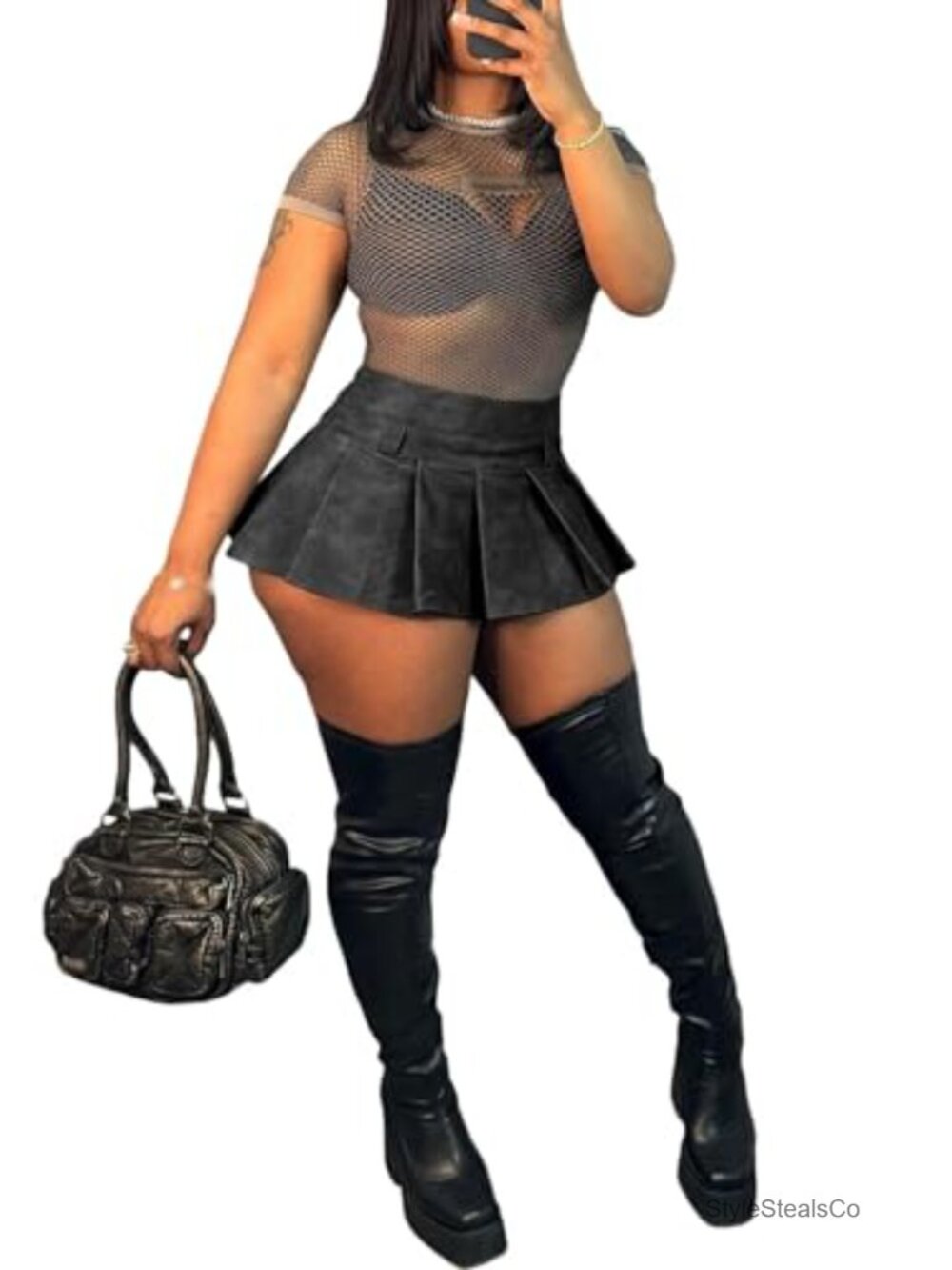 PU Leather Pleated Mini Skirt High Waist A-Line Flared Clubwear - Picture 3 of 5